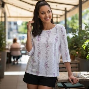 CLEARANCE Links White with pink floral print Scoop neck 3/4 sleeve top